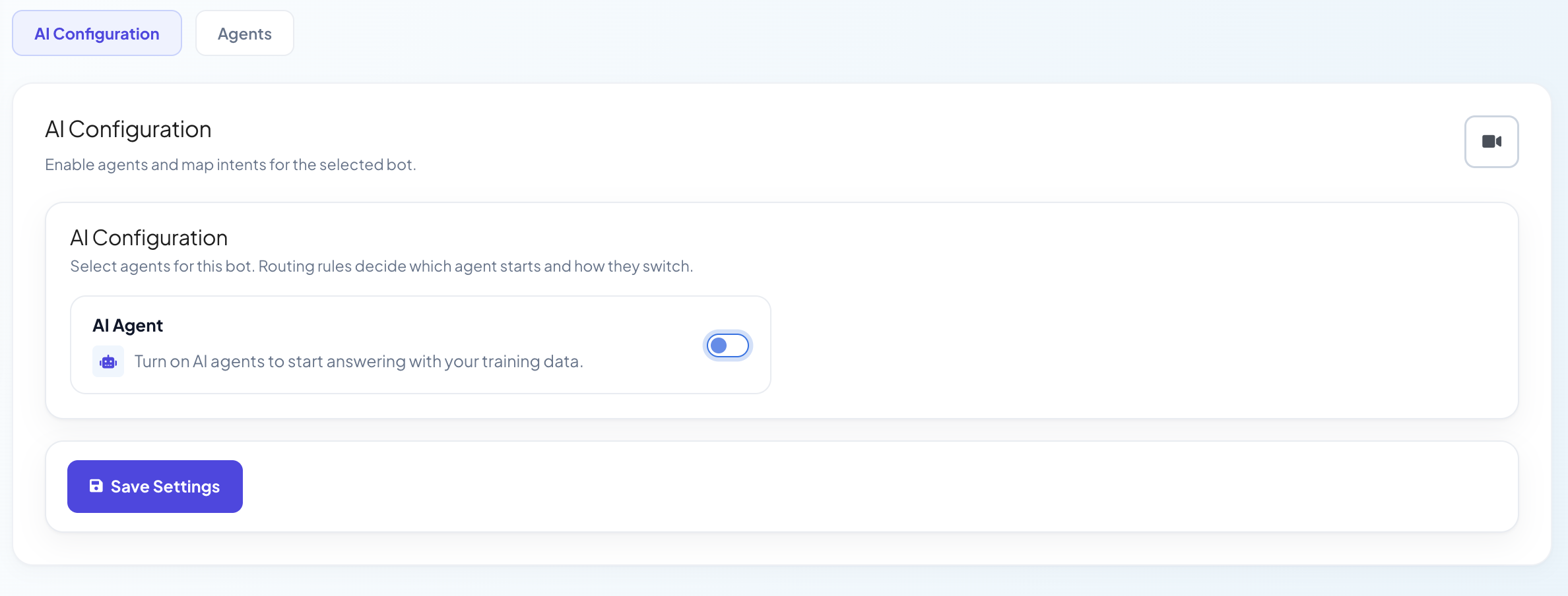 AI configuration screen with the AI agent toggle