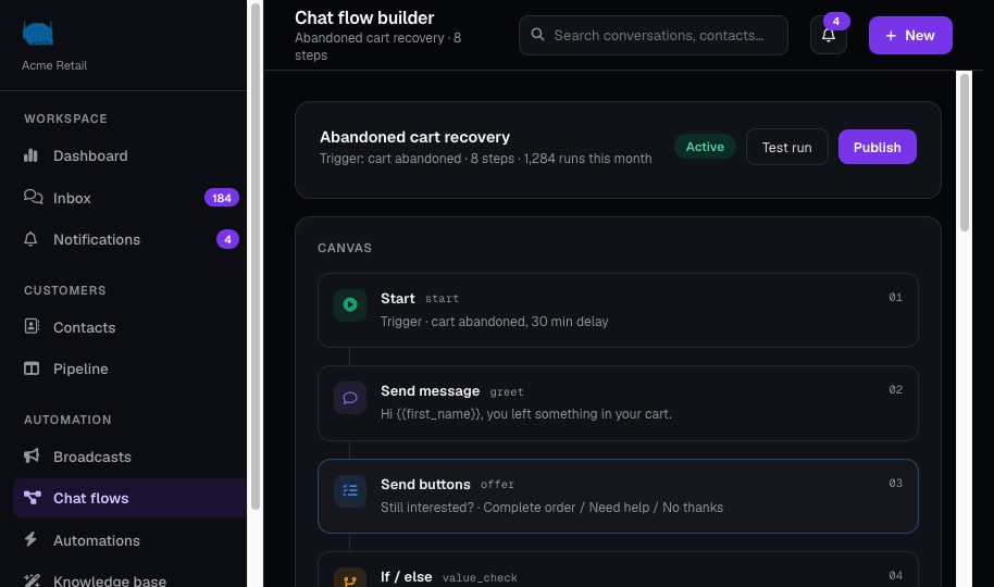 Visual chat flow builder with connected nodes