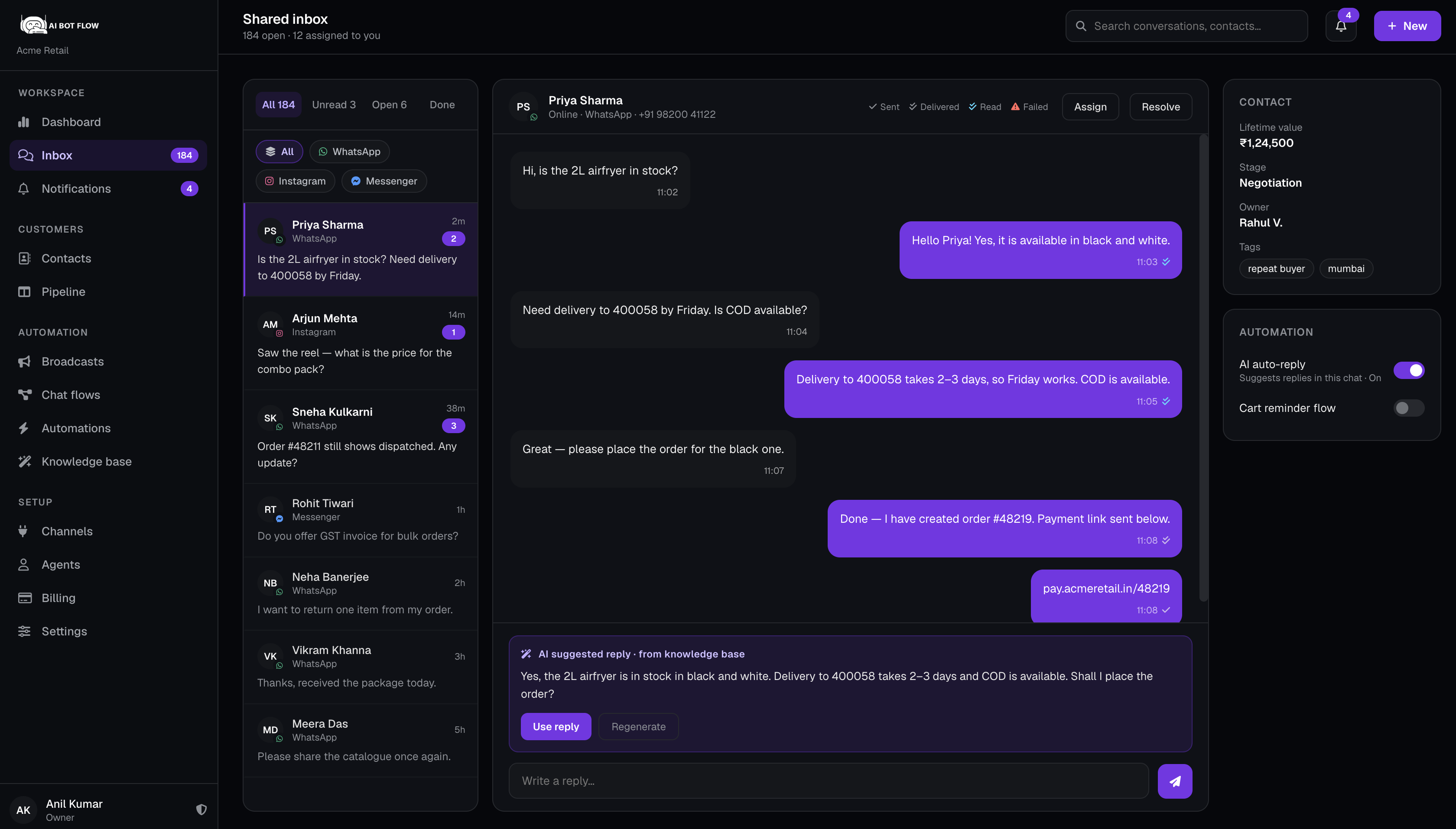 Shared inbox showing WhatsApp, Messenger and Instagram conversations side by side